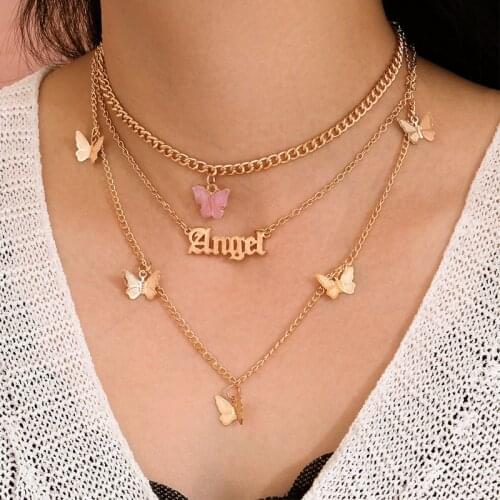 Vintage Multilayer Butterfly Choker Necklace Fashion Women Letter Golden Chain Layered Statement Necklace Jewelry Party Gift
