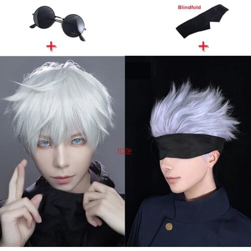 2 Styles Anime Jujutsu Kaisen Gojo Satoru Short Hair Headwear Eye Patch Sunglasses Cosplay Wig Free Wig Cap Synthetic Props Men
