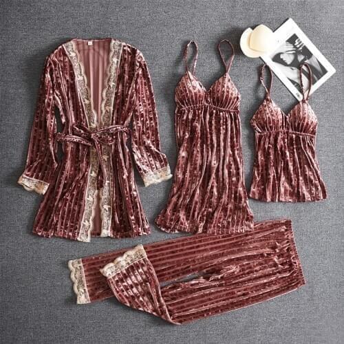 Angels Secret Sexy Pajamas Womens New Gold Velvet Four-Piece Suit 2020 Autumn And Winter Long-Sleeved Ladies Homewear AG41219