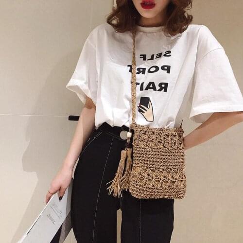 Simple Woven Crossbody Bags Women Casual Handmade Summer Beach Vintage Square Bags Ladies Knitted Solid Tassel Handbags