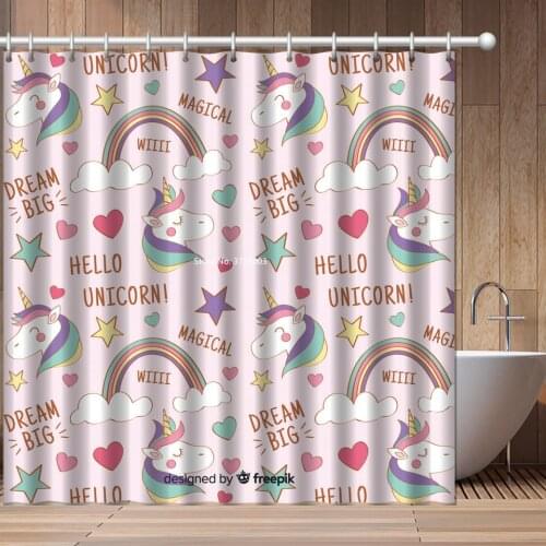 Cartoon Unicorn Print Shower Curtain Children Fun Bathroom Decor with Hook 3D Polyester Waterproof Shower Curtain