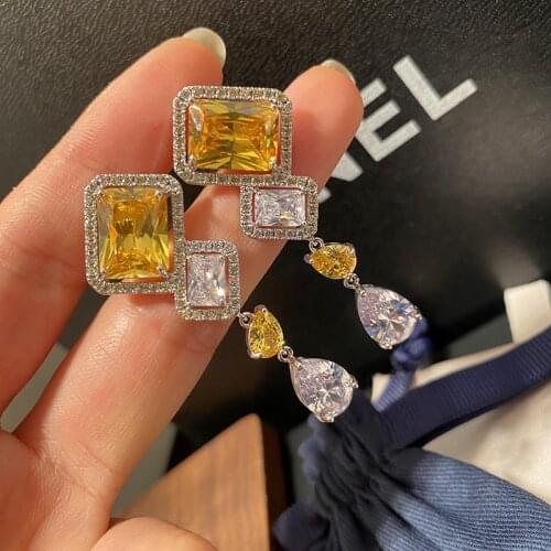 Silver Color Vintage Long Stud Earrings with Bling Yellow Zircon Stone for Women Fashion Jewelry Korea Earrings 2021