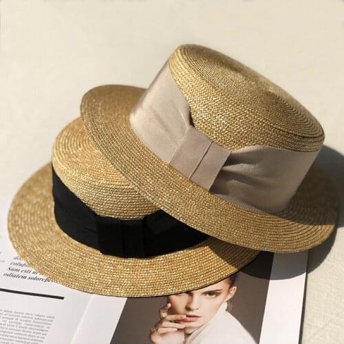 Elegant Derby Womens Summer Hat Sun Protection Cap Female Flat Top Wide Brim Hat Bowknot UV Cap Straw Hat Beach Hat Sun Hats