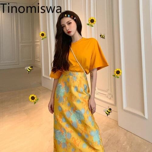 Tinomiswa 2021 Summer Women Two Piece Set O Neck Short Sleeve Unicolor T Shirt High Waist Floral Printed Skirt New Chic Outfits