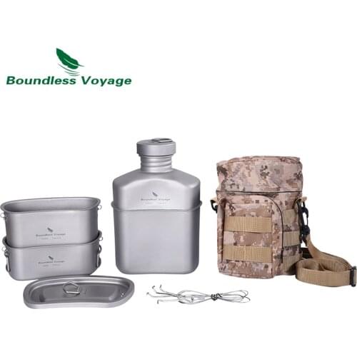 Boundless Voyage Titanium Military Canteen with Camouflage Bags Kidney-Shaped Camping Pot Pan Set with Lid & Hanging Chain