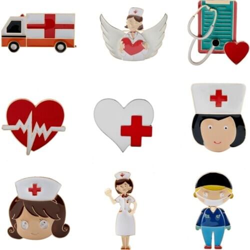 Doctor Nurse Heart Electrocardiogram Ambulance Medical Record Folder Medical angel Logo Enamel Metal Brooches Lapel Pins Badges