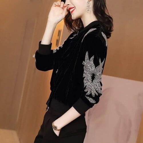 2021 Korean Fashion Spring Velvet Women Jacket Long Sleeve Baseball Coat Womens Casual Slim Ladies Black Outwear Jackets Clothes
