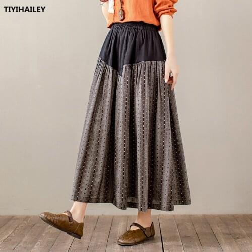 TIYIHAILEY Free Shipping 2021 New Long Maxi A-line Elastic Waist Women Cotton Linen Patchwork Skirts Spring Summer Big Hem Black