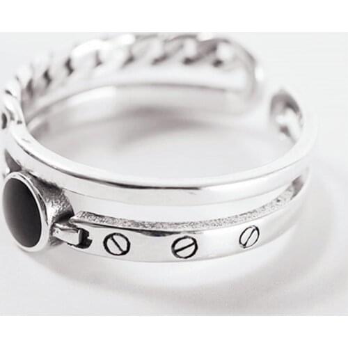 Sole Memory Retro Thai Silver Double Layer Geometric Art Fashion 925 Sterling Silver Female Resizable Opening Rings SRI442