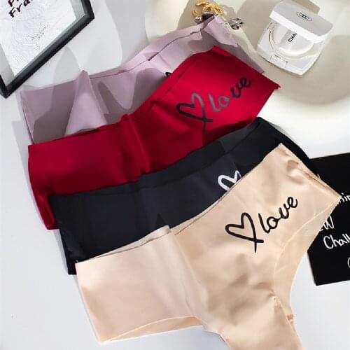 Womens Sexy T-Back Ice Silk Panties Love Print Briefs Female Solid Seamless Breathable Underwear Low Waist Thongs Lady Lingerie