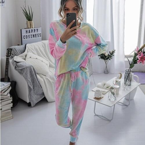 Womens 2 Piece Tie Dye Print PJ Set Long Sleeve Pullover and Elastic Waist Pants Homewear Loungewear Pajamas Set