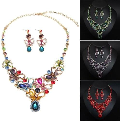 Rhinestone Crystal Butterfly Necklace Earrings Wedding Bridal Jewelry Set Fashion Women Bib Choker Long Chain Pendant Necklace