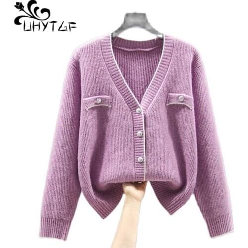 UHYTGF 2021 Cardigan For Women V-Neck Single-Breasted Casual Knitted Tops Autumn Sweater Jacket Korean Loose Plus Size Coat 1783