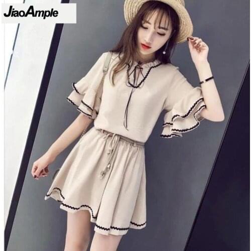 Summer Shorts Suit Women Vintage Plus Size Lotus Leaf Sleeve Chiffon Blouse Pants Two-piece Korean Fashion Elegant Clothes Set