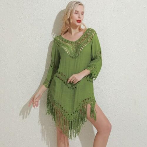 Vintage Tassel Women Tunic Swimsuit Beach Dress Sexy Hollow Out Beachwear New Summer Sun Screen Female Swimwear