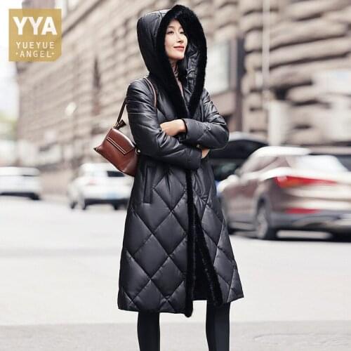 Fashion Winter Women Mink Fur Hoodie Long Coat Office Ladies Warm Loose Fit Trench Down Jacket Sheepskin Genuine Leather Jacket