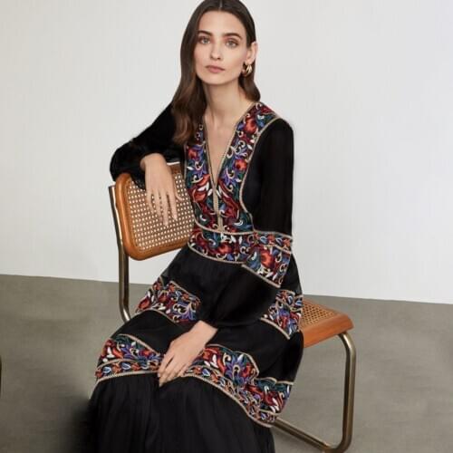 Jastie Retro Floral Embroidered Maxi Dress V-Neck Long Sleeve Spring Autumn Women Clothing 2021 Boho Dresses Female Vestidos