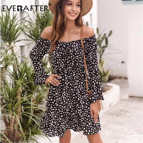EVERAFTER Off shoulder polka dot women dress slim long sleeve pleated dress Autumn 2020 sexy casual female mini dress vestidos