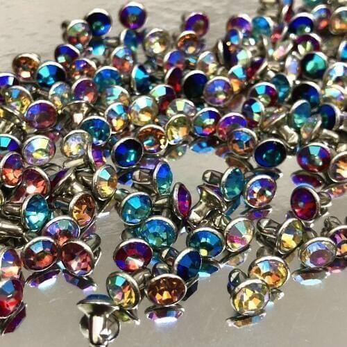 4MM 50 Sets CZ++ Mixed Crystal AB Plated Rivets Silver Plated Studs Assorted Cabochon Rivets Fit for DIY Leather-Craft