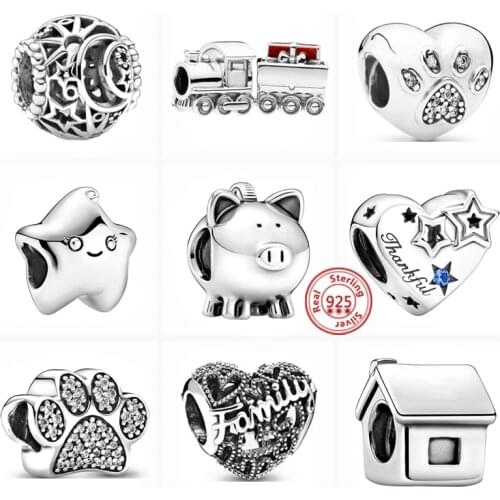 Sterling Silver 925 Thankful Heart Stars Piggy Bank Houses Hollow Family Beads Fit Original Pandora Charm Bracelet Women Jewelry