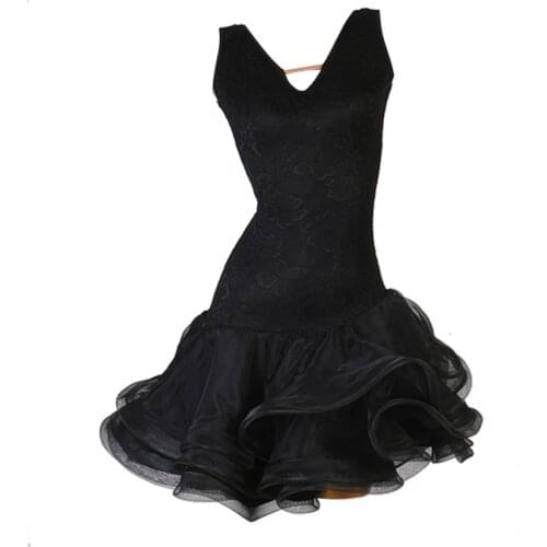 Black Lace Fluffy Hem Sleeveless Latin Dance Dress Girls Women Samba Dance Costumes Clothes For Salsa Ballroom Dancing Dresses