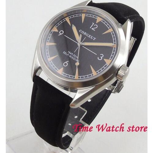 Corgeut 41mm Miyota 8215 Automatic mens watch brushed sapphire glass Luminous black dial orange marks leather strap