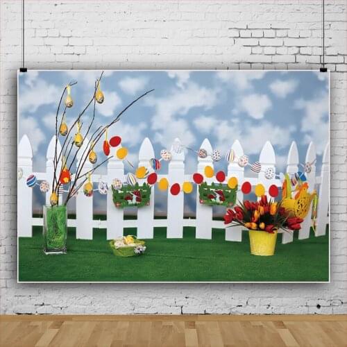 Flowers Fence Easter Bunny Colorful Eggs Bunting Backdrops Photo Background Happy Holiday Decorations for Kids Photography Props