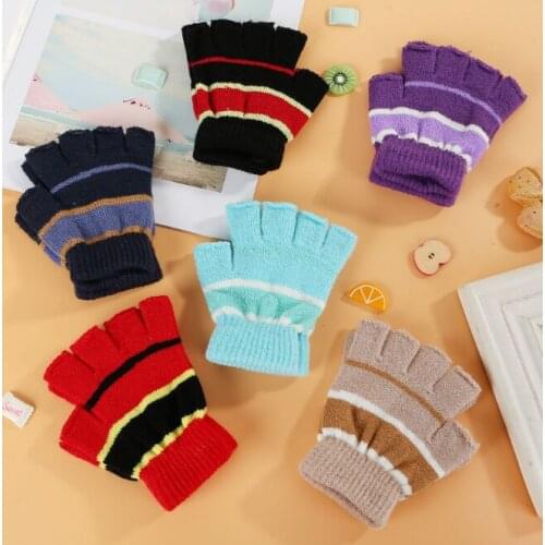 Childrens Half Finger Gloves Winter Warm Knitted Color Striped Fingerless Cute Cartoon Writing Gloves