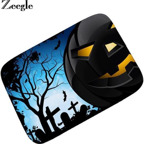 Zeegle Halloween Door Mat Non-slip Floor Mat Kid Bedroom Carpet Outdoor Decor Pumpkin Lamp Pattern Area Rug