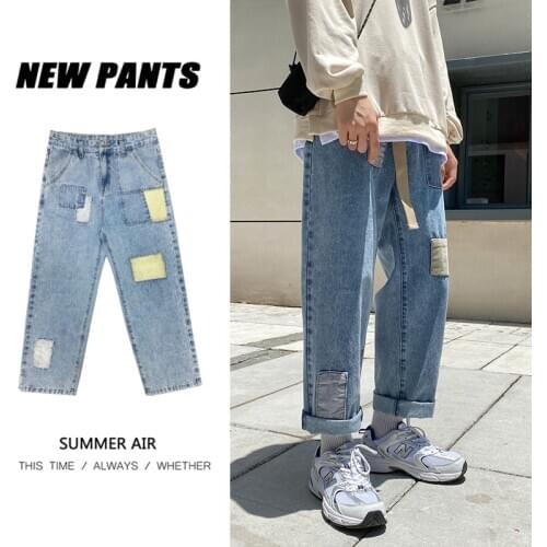 Hip Hop Mens Patchwork Straight Jeans Korean Man Vintage Couple Loose Trousers New Streetwear Male Denim Pants Clothing