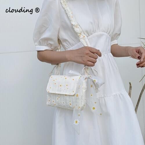 Women Canvas Shoulder Bag Daisy Print Messenger Bag Cotton Cloth Casual Bags Retro Ladies Floral Handbag Shopping Tote Girl Bag