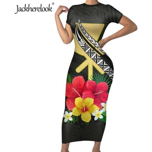 Jackherelook Summer Vintage Midi Pencil Dresses Kanaka Maoli Polynesian Samoan Hibiscus Print Tunic Bodycon Dress for Teen Girls