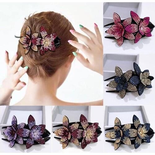 Fashion Colorful Flower Crystal Hair Claw Shiny Rhinestone Hairpin Hair Clip Duckbill Clip Barrette Women Bride Hair Accessories