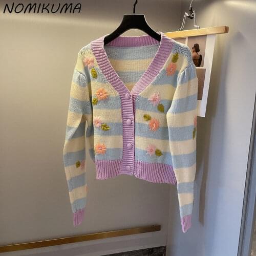 Nomikuma Chic Floral Embroidery Hit Color Short Knit Cardigan Korean Long Sleeve V-neck Sweater 2021 Autumn Knitwear Coat 6Z261