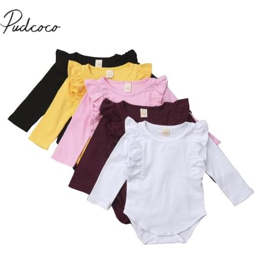 2018 Brand New Toddler Baby Girls Boys Causal Warm Autumn Bodysuits 5 Colors Long Ruffles Sleeve Solid Cotton Jumpsuits Playsuit