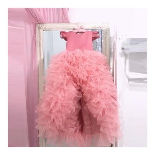 Lovely Extra Puffy Tulle Kids Pageant Dresses Hi Low Flouncing Ruffles Short Sleeves Satin Pink Princess Gowns