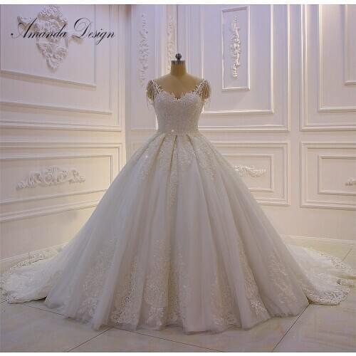 Amanda Design hochzeitskleid Lace Applique Fluffy Ball Gown Crystal Straps Wedding Dress