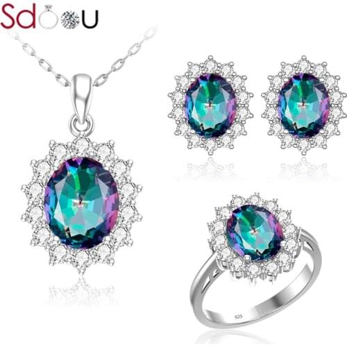 SDOOU Silver 925 Jewelry Sets For Women Sterling Silver Stud Earrings Rings Pendants Creative Vintage Rainbow Topaz Fine Jewelry