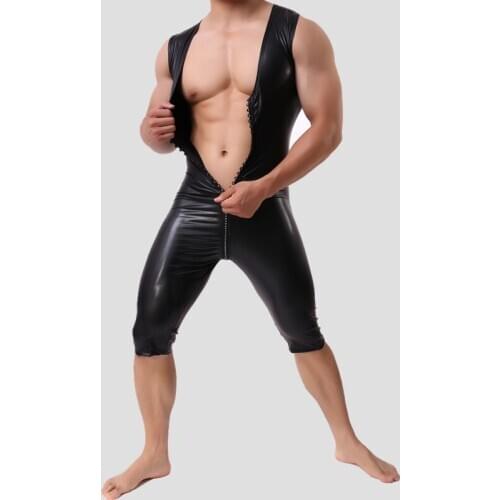 Sexy Mens One-Piece Skinny Underwear Zipper Piece Suit Leather Bodybuilding Suit Bodysuits Men Undershirt Gay Club Clothing