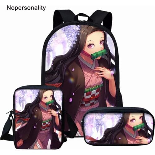 Nopersonality Book Bag for Teenager Demon Slayer 3D Print Junior High Schoolbag for Kids Boys Girls Student Bag Mochila 3Pcs Set