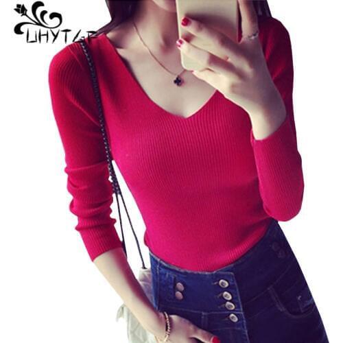 UHYTGF Autumn Woman Sweater Korean Fashion Long sleeve V-Neck sexy Sweater Ladies Knit Sweater Pullover Female Sueter mujer 563