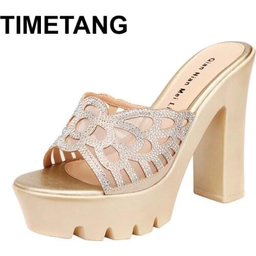 TIMETANG Block Heels Womens Slippers New Fashion 2021 Microfiber Leather Shoes Summer Female High Heels Cutout Platform Shoes