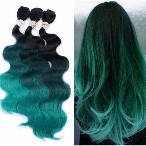 FAVE Ombre Synthetic Body Wave Hair 3 Bundles with Closure Heat Resistant Fiber Hair Colorful Synthetic Hair Extension 18"20"22