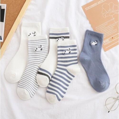 Yishine 10 Pairs Japanese Design Kawaii Spring Summer Panda Printed with Striped Women Middle Tube Socks Sox