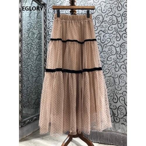 High Quality New Long Skirt 2021 Spring Summer Clothes Ladies Elastic Waist Polka Dot Print Casual Long Maxi Skirt Apricot Black