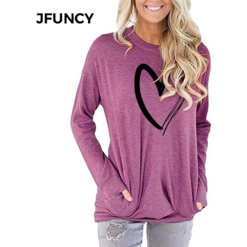 JFUNCY Fashion Heart Print Spring Autumn Women T-Shirt O-Neck Long Sleeve Loose Pullover Tops Casual Ladies Female T Shirt
