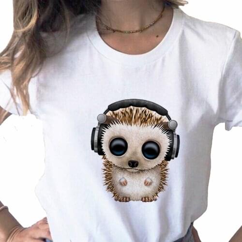 Cute Funny Hedgehog cartoon Print Women T Shirt Aesthetic Harajuku T-shirt Female Tee Shirt Clothes 90s Summer Graphic Top