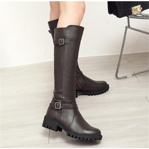 PXELENA Buckle Punk Motorcycle Biker Military Knee High Boots Women Side Zip Chunky Med Heels Riding Knight Gothic Shoes Ladies