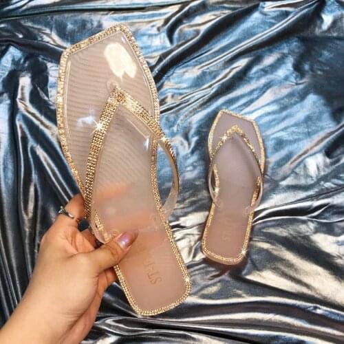 Women Sandals Sandaleas De Mujer Rhinestone Square Head Flat Bottom Crystal Jelly Flip-flops Fashion Beach Sandals Female