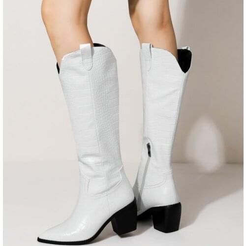 Faux Leather Knee High Boots Chunky Heel Women Boots Slip On Autumn Winter Fashion Women Boots Big Size 34-43 Black White Brown